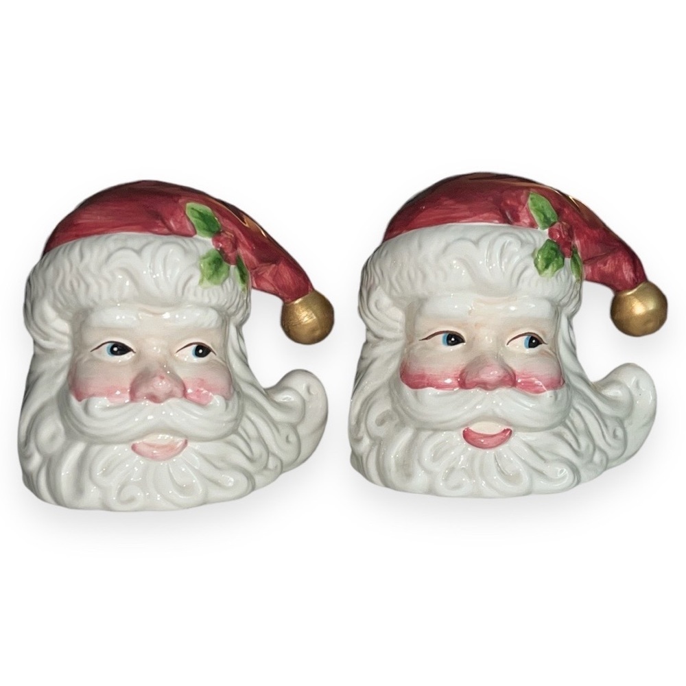 Vintage Big Ceramic Santa Claus Head Salt & Pepper Shakers Hand‎ Painted 4” H